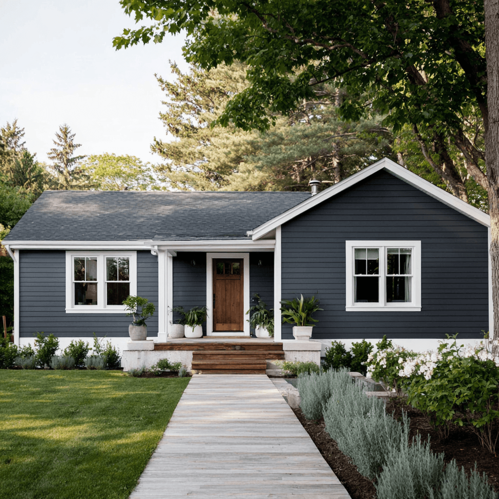 Modern single-family home with dark gray exterior siding, wooden front door, wooden walkway and lush landscaping with trees and plants