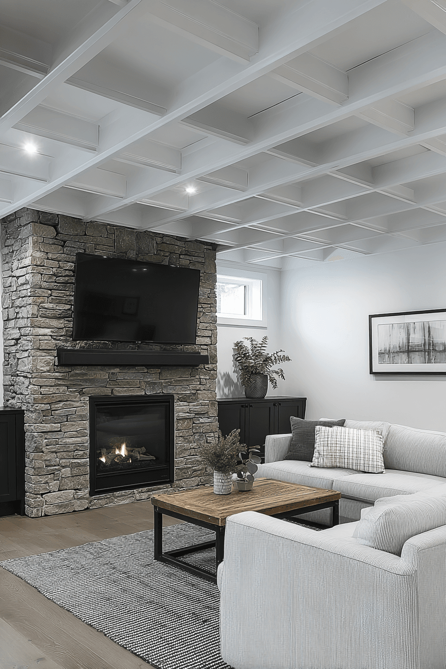 Modern living room with white coffered ceiling, natural stone fireplace and wall-mounted TV, gray sofa and wooden table