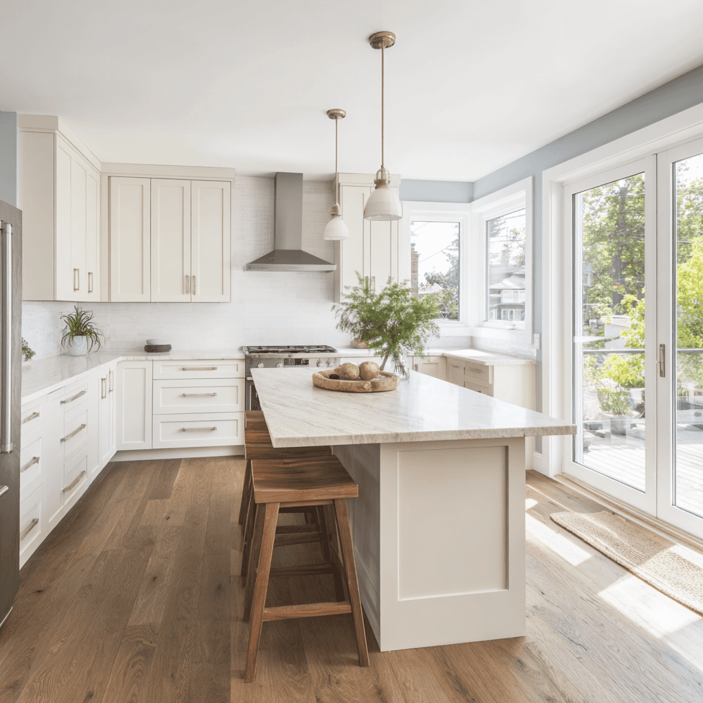 Bright modern kitchen with marble island, white cabinets, wooden flooring and large windows