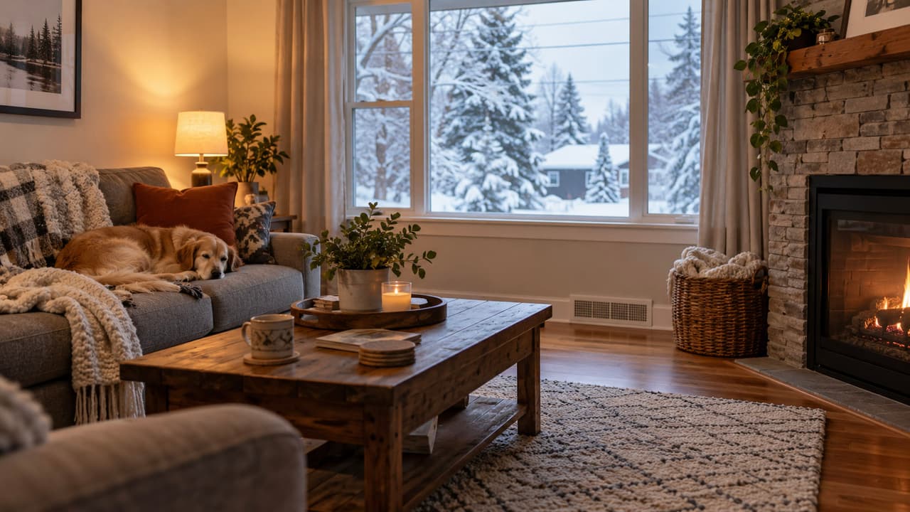 Cozy living room with stone fireplace, large windows overlooking a snowy landscape, hardwood flooring, comfortable furniture and a dog resting on the sofa.