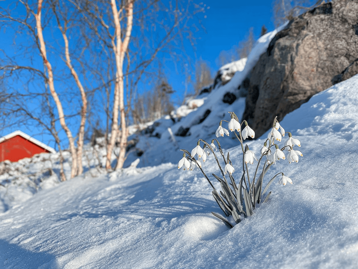 white snowdrop flowers emerging from snow winter landscape with birch trees and red cabin under blue sky