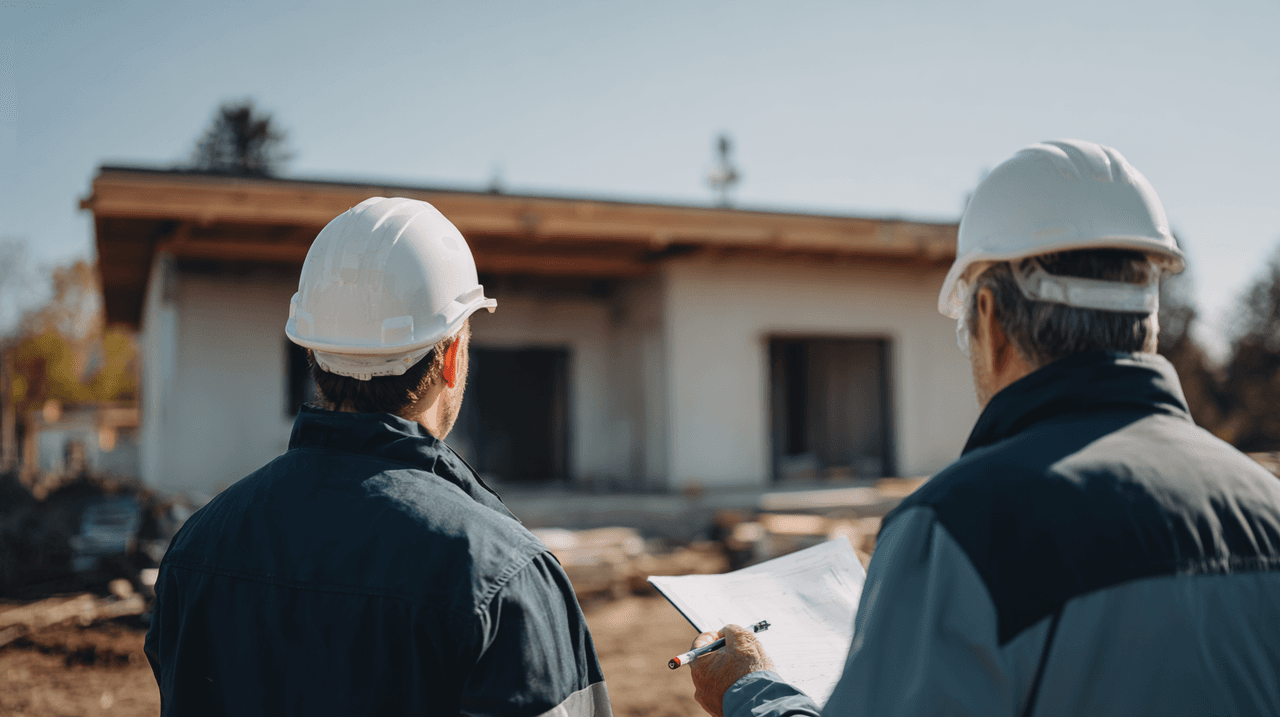 Two construction workers wearing helmets inspecting a house under construction with blueprint in hand