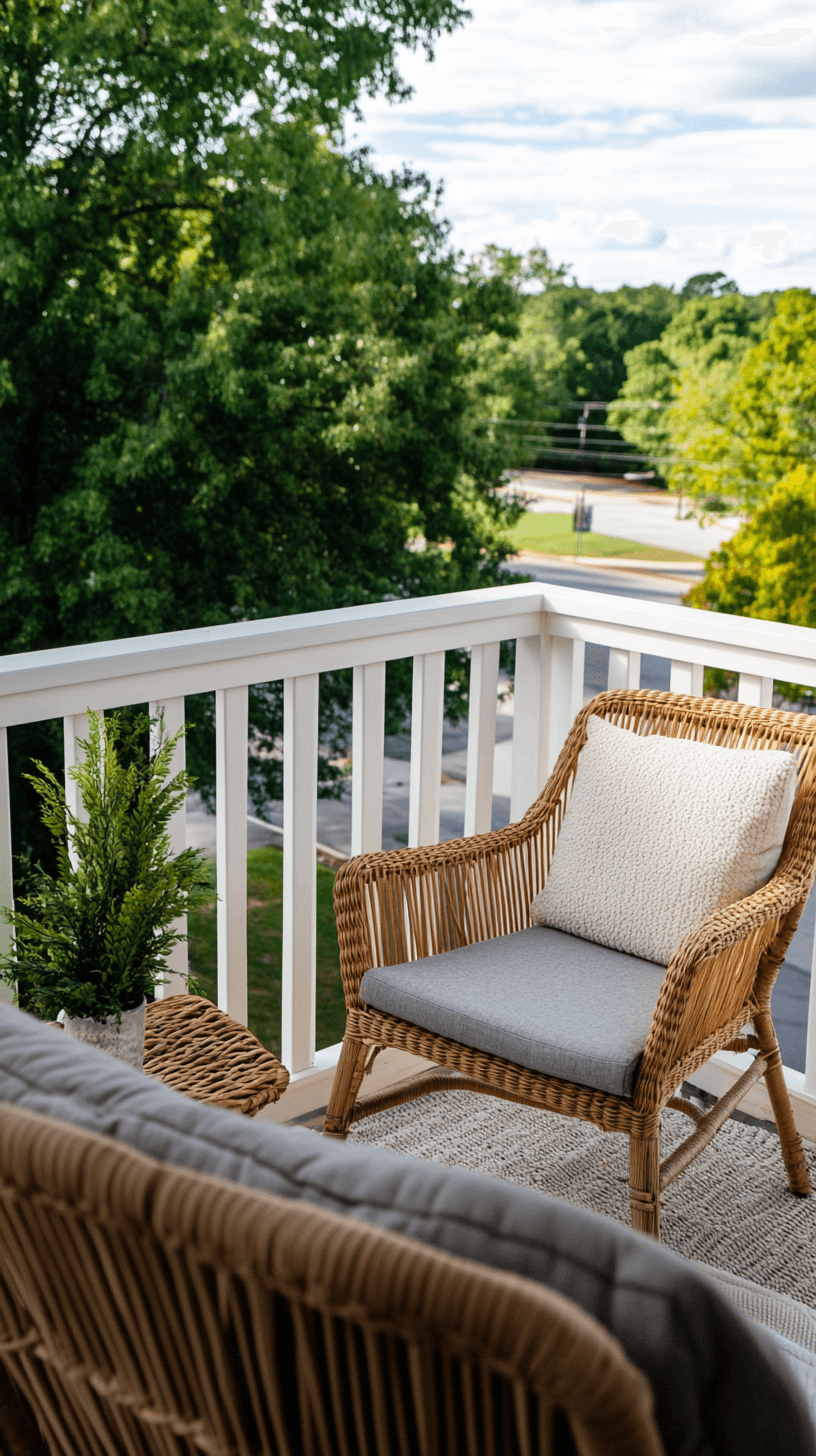 Outdoor balcony with wicker chairs, grey cushions and view of green trees in a residential neighbourhood