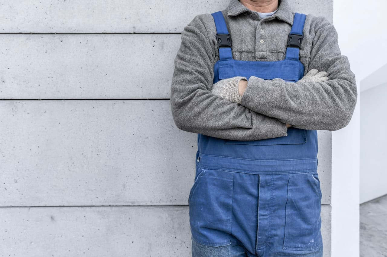 Worker in blue overalls and gloves standing with crossed arms in front of a gray concrete wall.