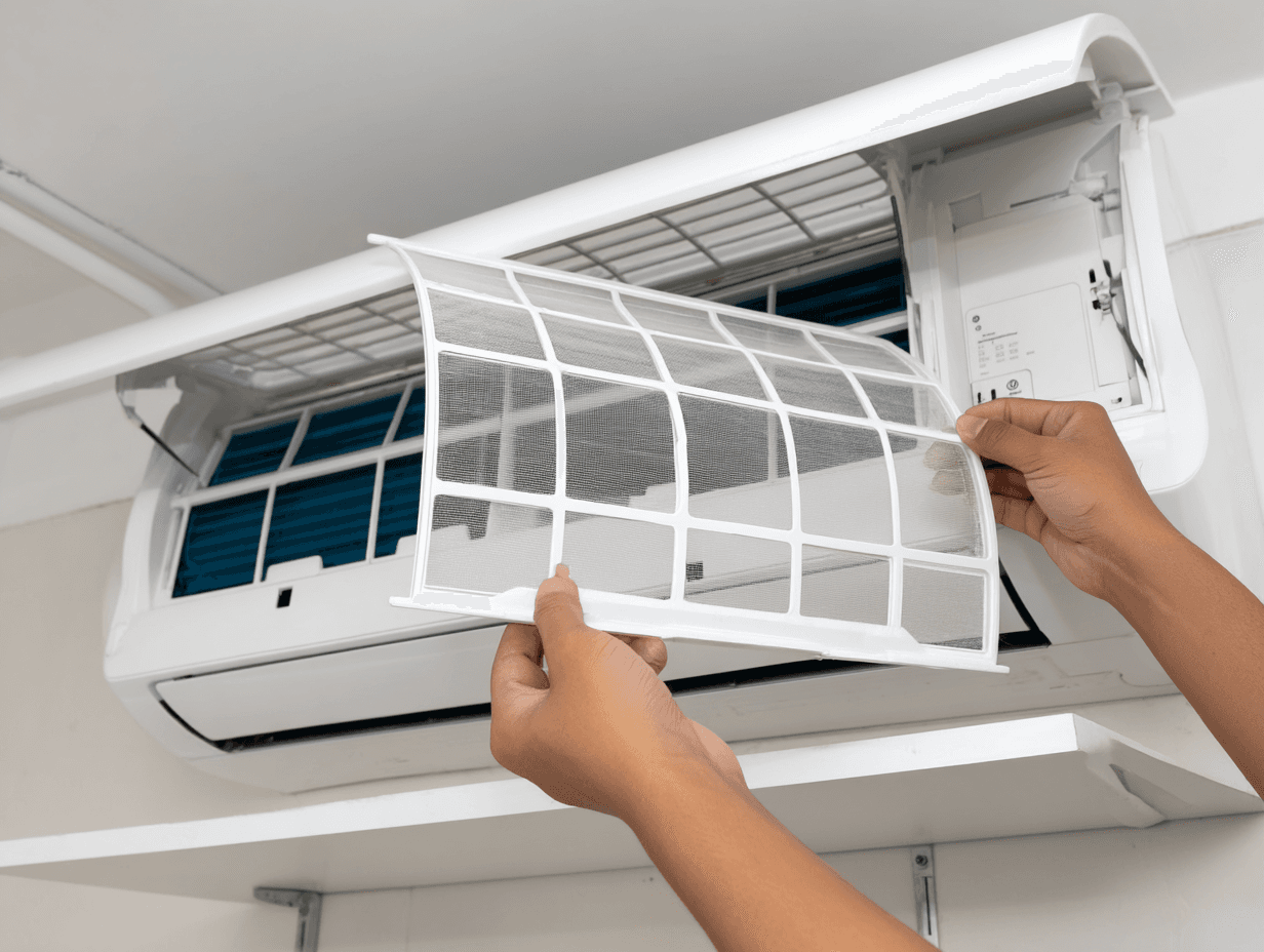 Cleaning the filter of a wall-mounted air conditioner by a person in a home interior
