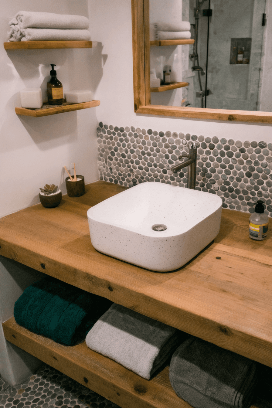 Modern bathroom with white vessel sink on wooden countertop, black faucet, framed mirror, wall shelves and decorative pebble backsplash