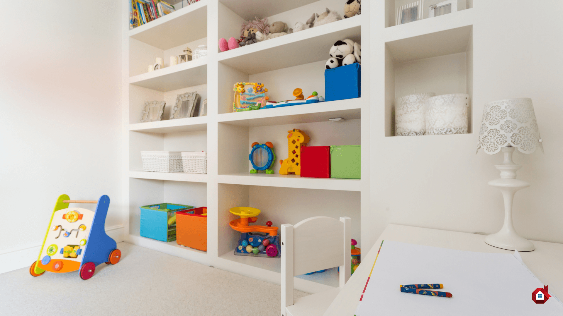 Kids’ play area with white shelves, bright toys, and a desk