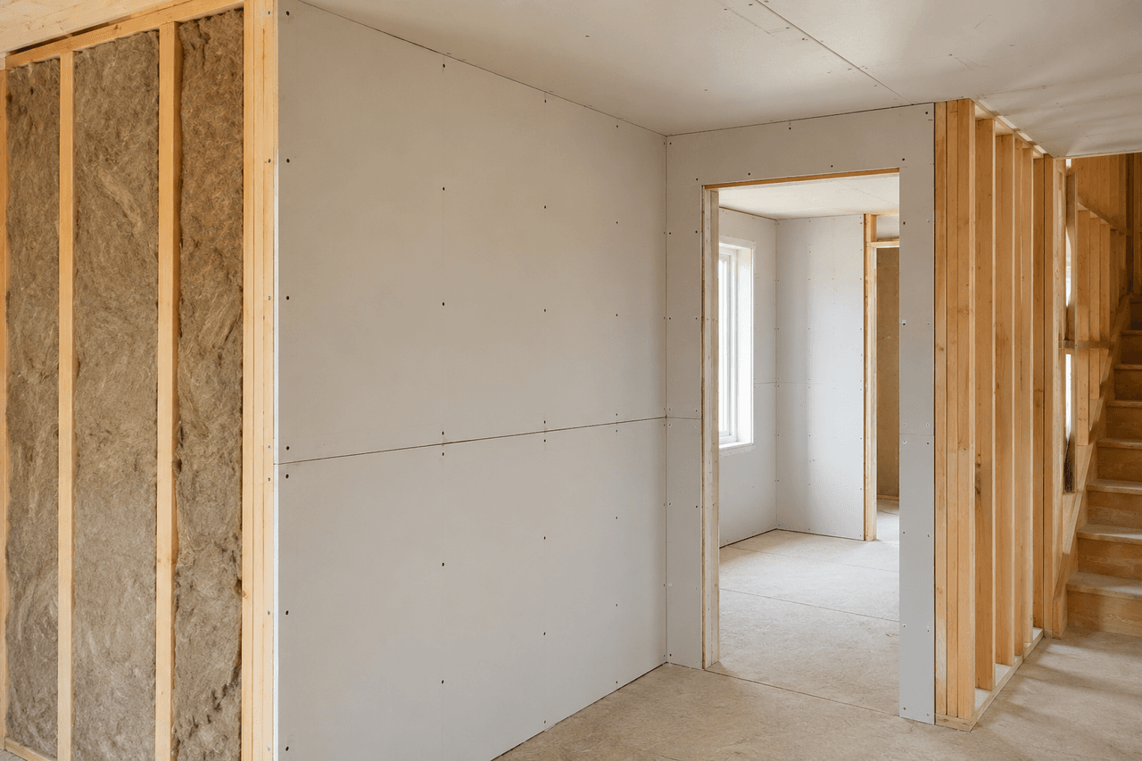 Interior wall under construction with wood framing, mineral wool insulation, and drywall panels installed before finishing work.