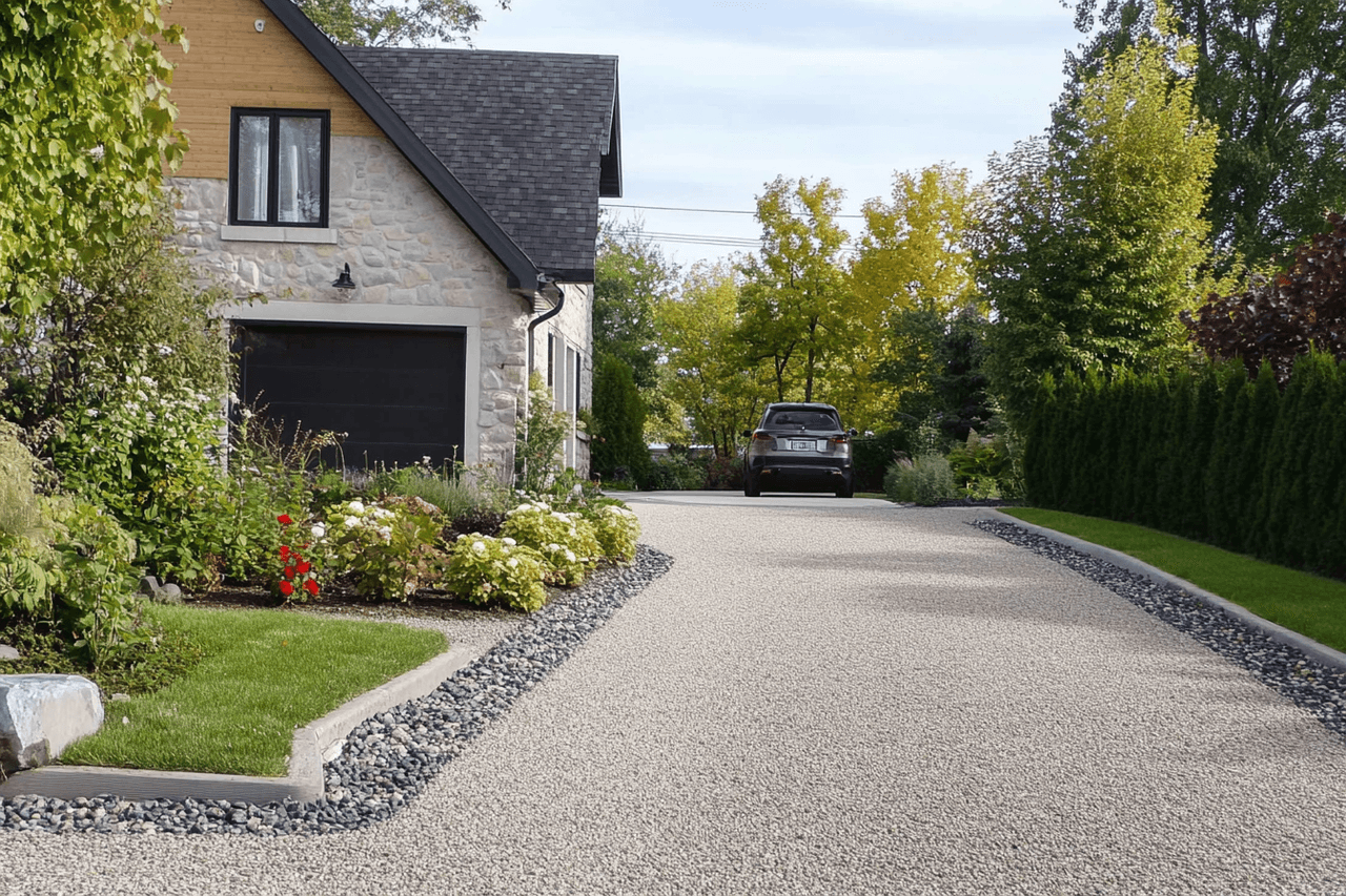 Residential driveway with resin stone paving, landscaped gardens and natural stone house exterior