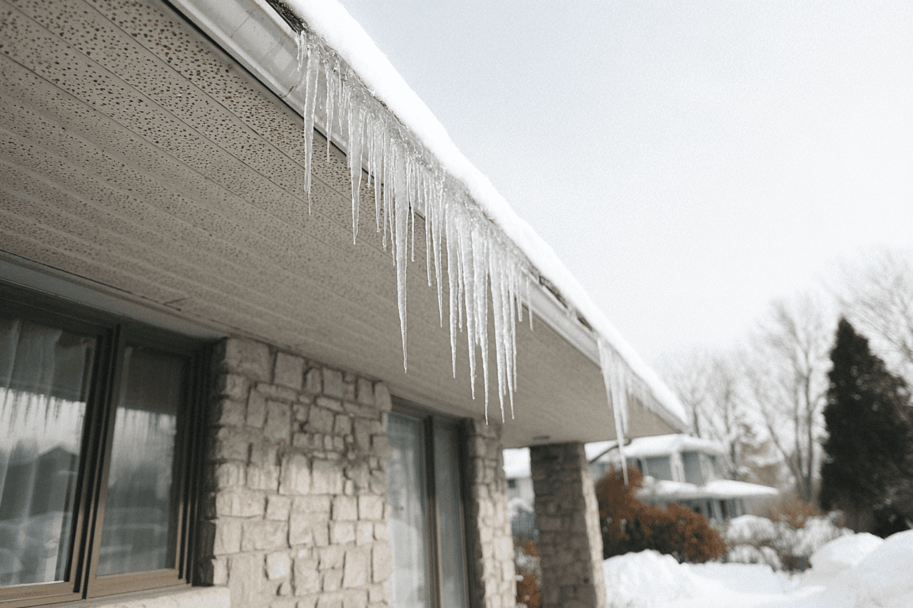 Icicles hanging from a snow-covered roof with gutters on a stone house in winter