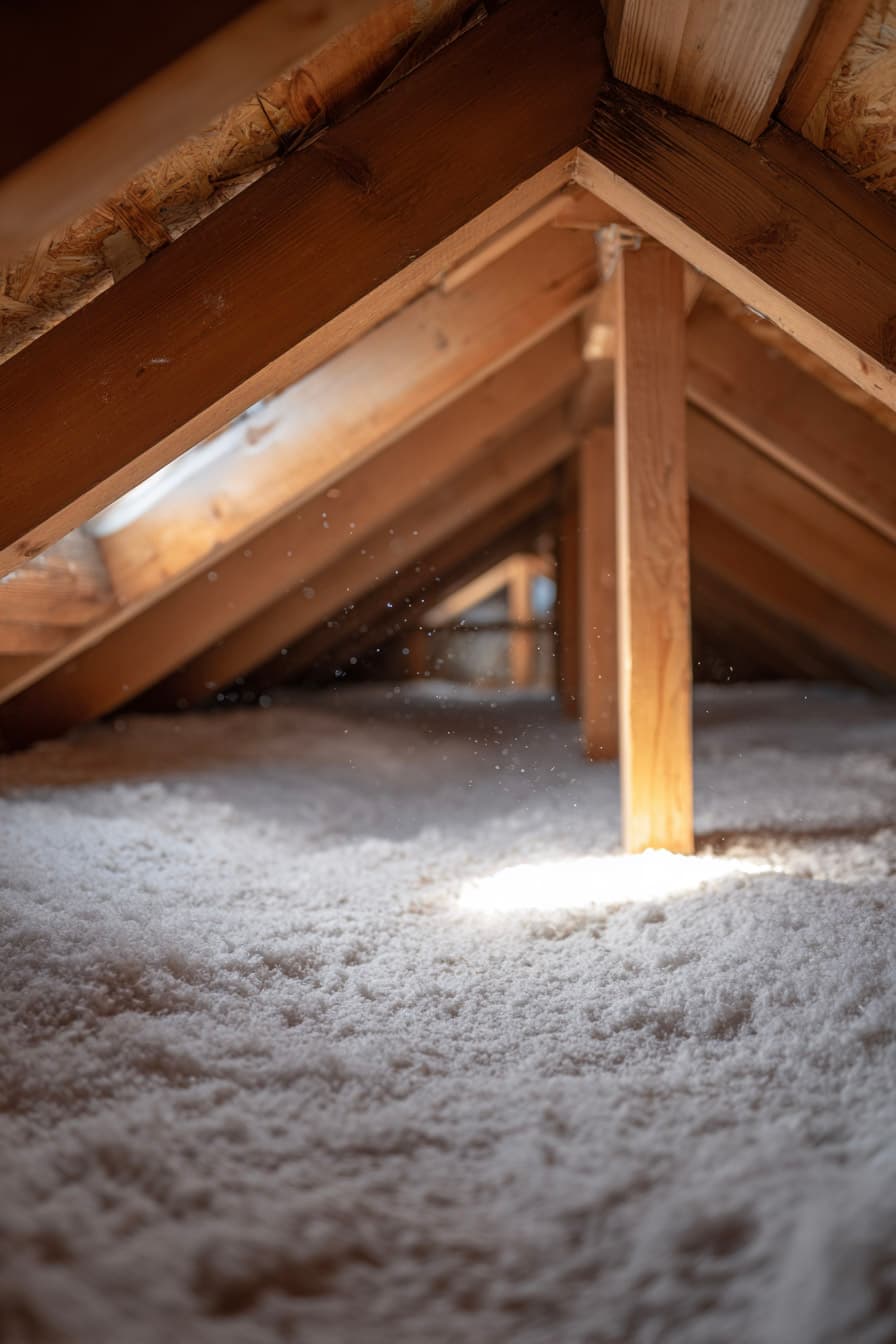 Attic insulated with blown-in cellulose under a wooden roof frame, with natural light entering through an opening.
