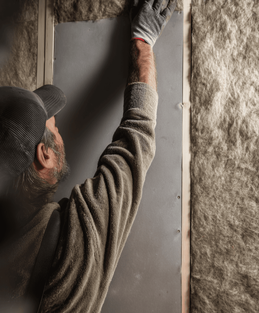 Worker installing a drywall sheet on an insulated wall with exposed mineral wool.
