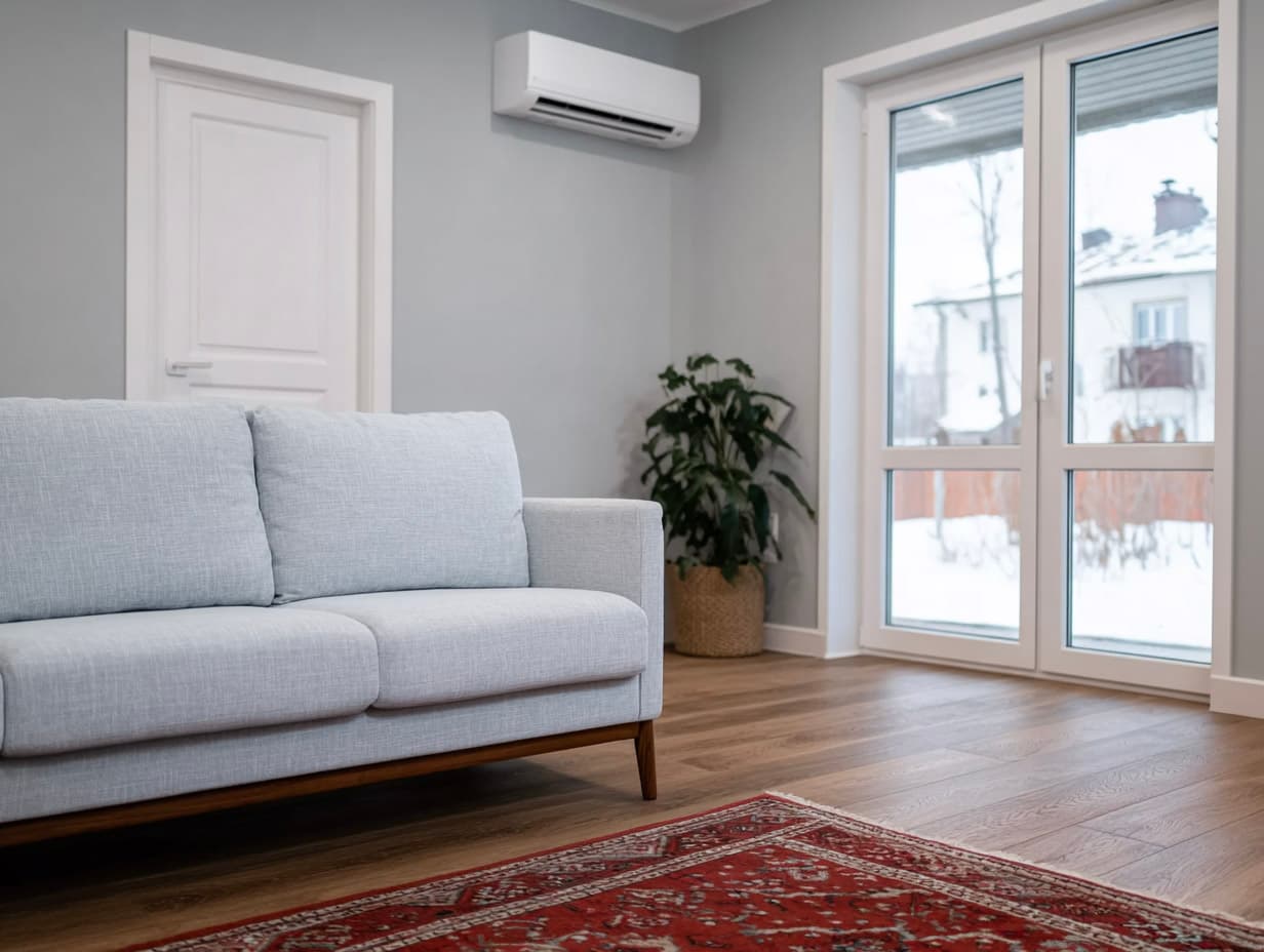 Modern living room with gray sofa, wood flooring, wall-mounted heat pump and large window overlooking snowy outdoors.