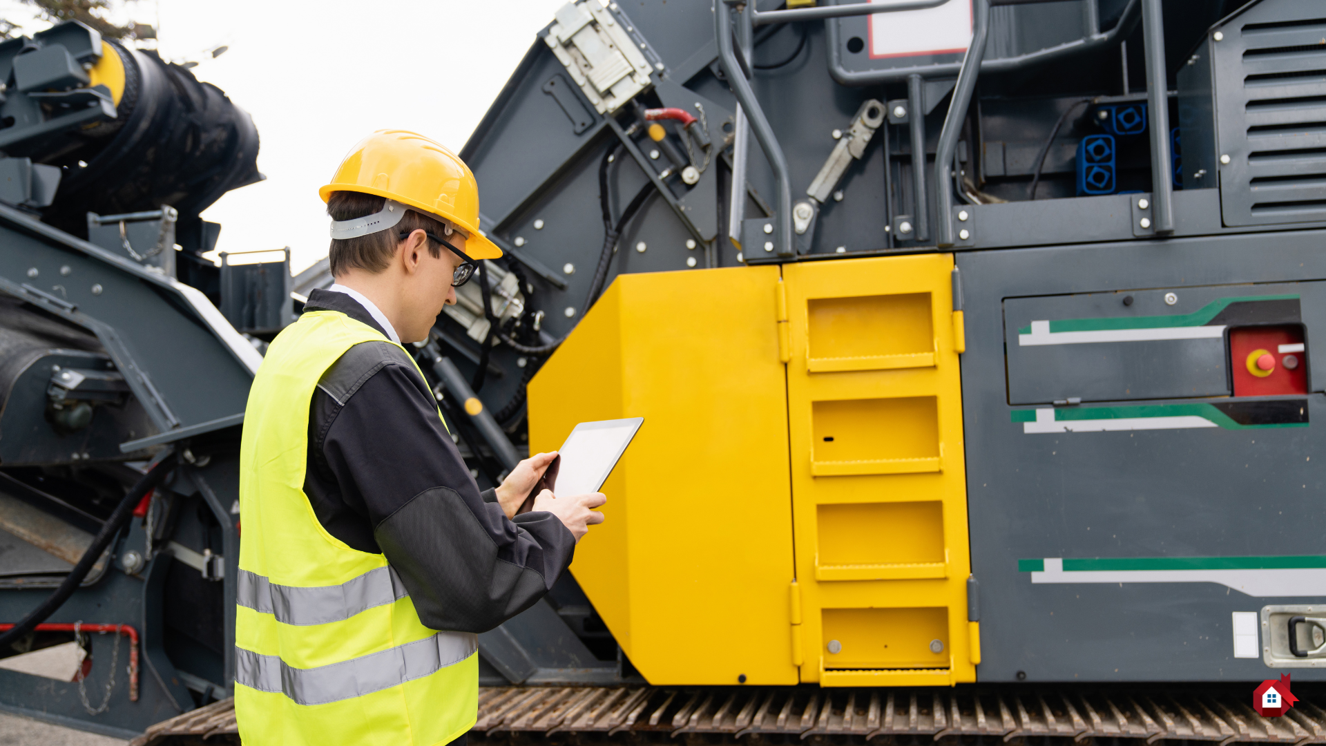 a man in his tablet in front of a construction machine