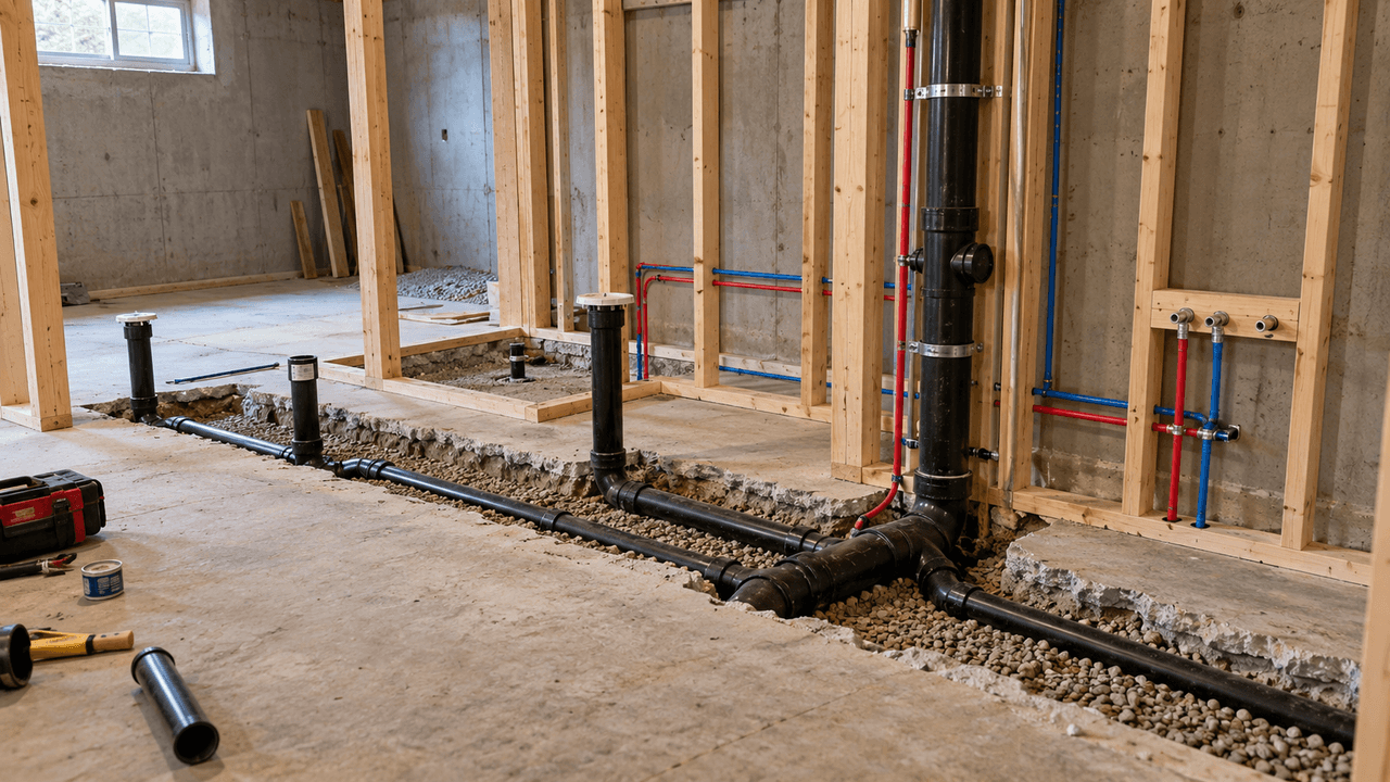 Plumbing installation in a basement renovation with black drain pipes, red and blue water supply lines, and exposed wood wall framing