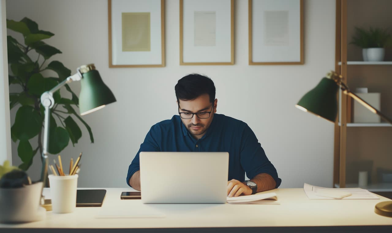 Focused man working on a laptop in a modern, well-lit office with desk lamp and minimalist wall decor.