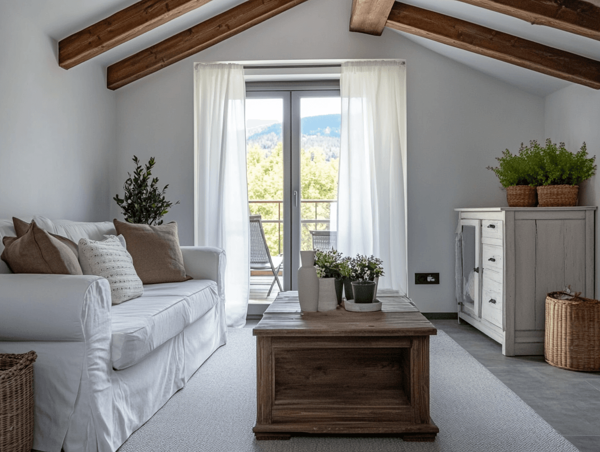 Modern living room with vaulted ceiling, exposed wooden beams, large patio door and contemporary furniture