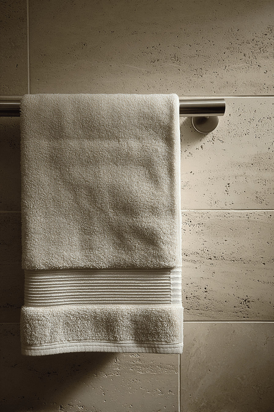 White towel hanging on a metal towel bar against a textured beige tile bathroom wall.