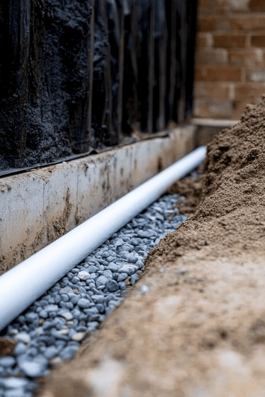 French drain installation with white perforated pipe, crushed stone and waterproofing membrane along a residential foundation