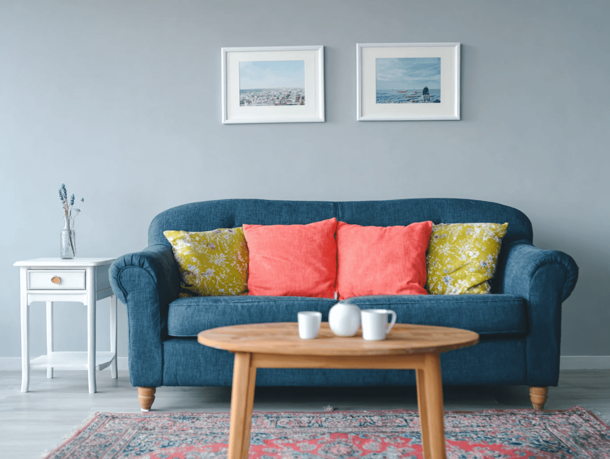 Bright living room with blue sofa, colorful cushions, round wooden table, Persian rug, and minimalist wall decor