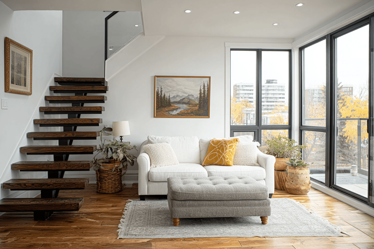 Bright renovated living room with wooden staircase, large windows, white sofa and hardwood floor