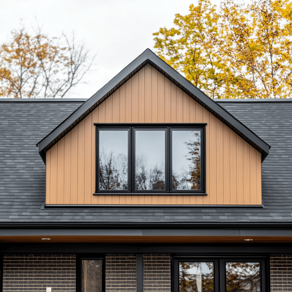 Modern house facade with wooden dormer and large black windows on sloped roof