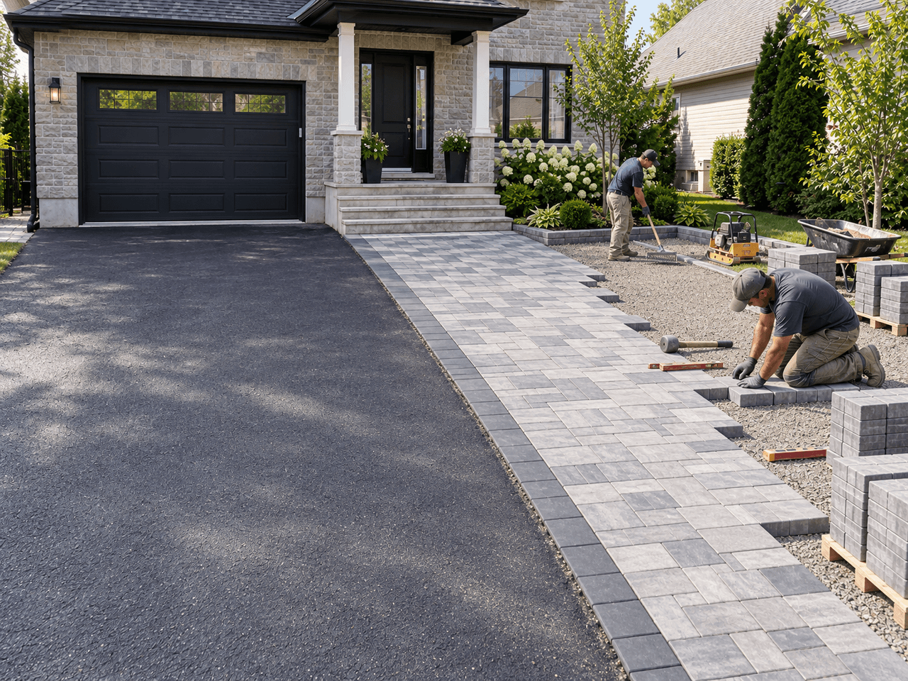 Workers installing grey interlocking pavers in front of a residential home with an asphalt driveway, garage, landscaping and prepared gravel base