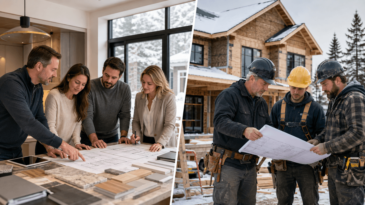 Collage showing professionals reviewing blueprints and material samples indoors alongside construction workers examining plans in front of a house under construction