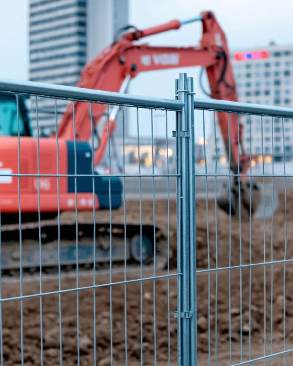 Metal construction site fence in foreground with orange excavator in background on urban building site.