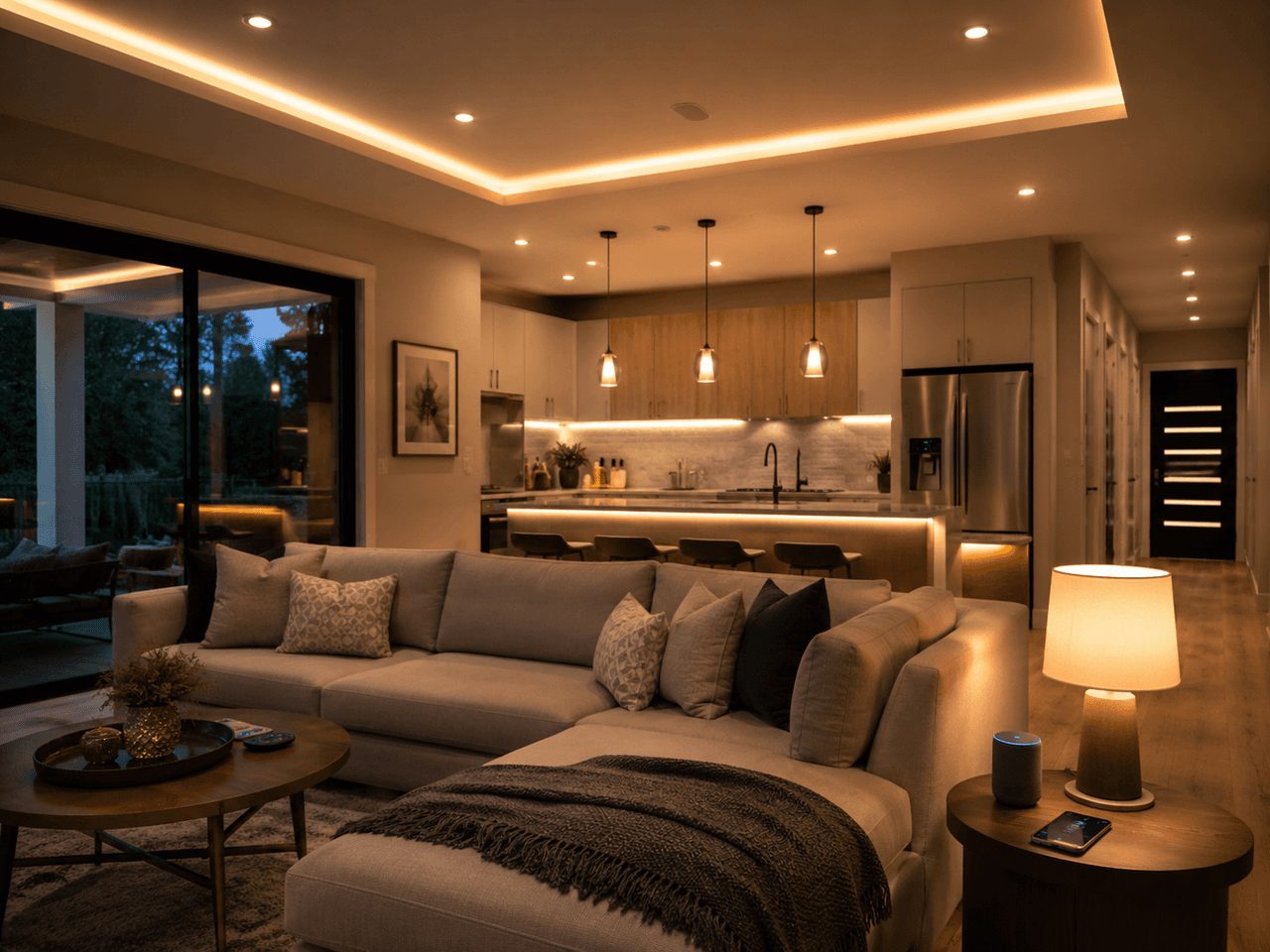 Contemporary open-concept living room and kitchen with recessed LED lighting, central island, large glass doors, and modern furnishings