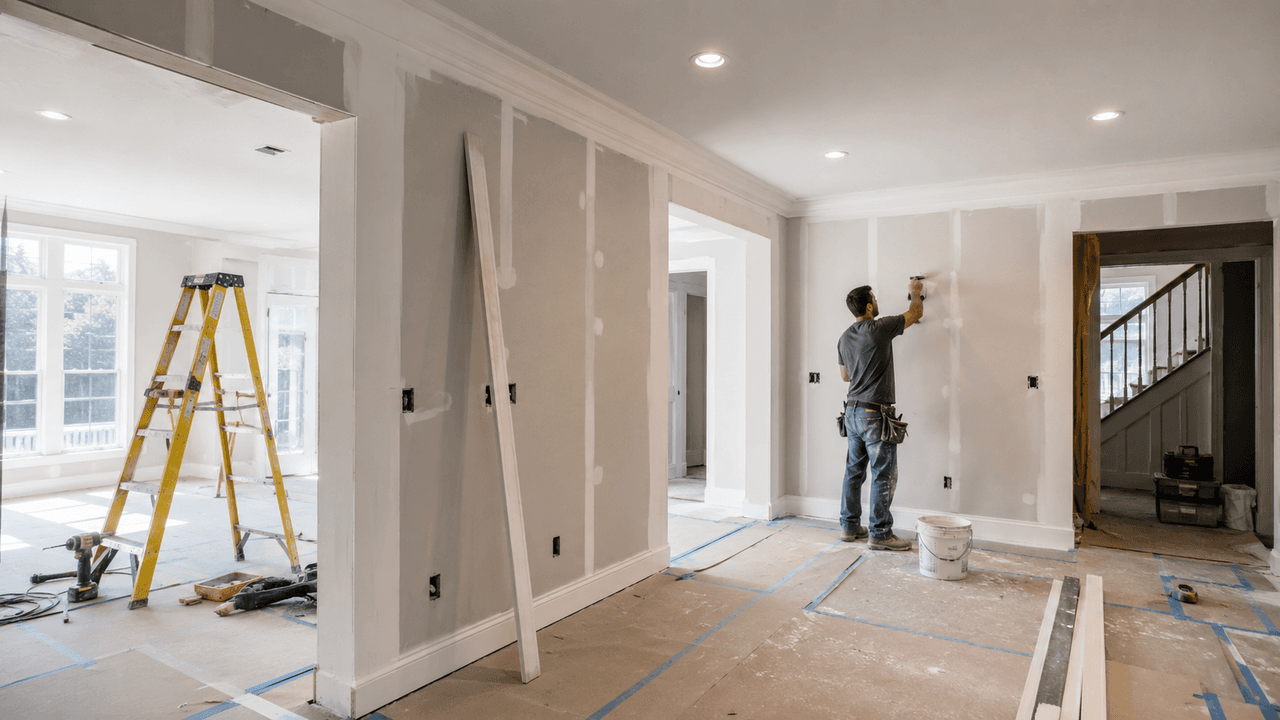 Worker applying joint compound to drywall walls inside a home under renovation, with a ladder, tools and protected flooring