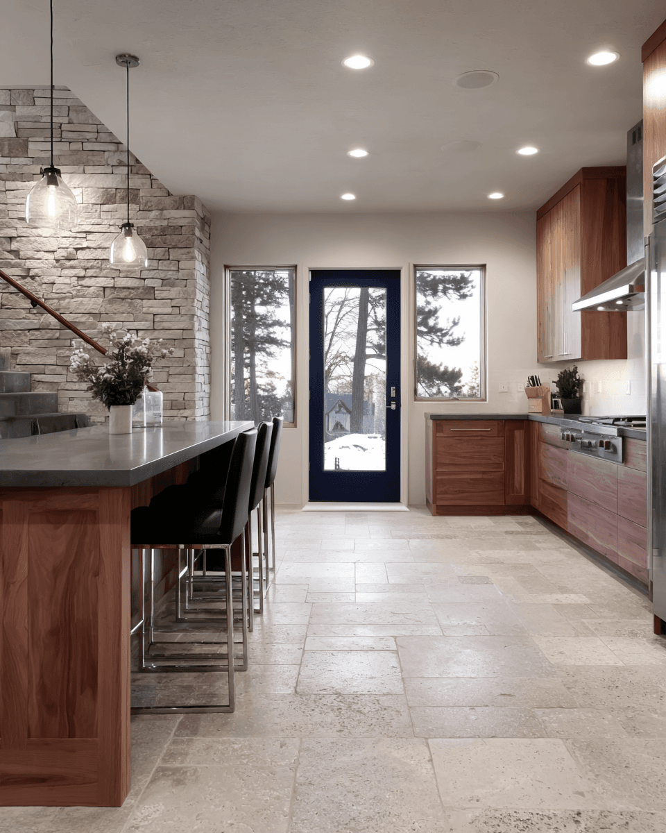 Modern kitchen with wood cabinetry, central island, natural stone wall and stone flooring