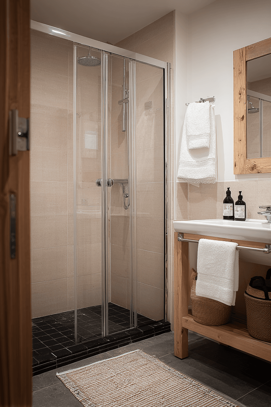 Modern bathroom with glass shower, beige tile, dark flooring and natural wood vanity