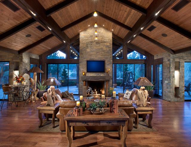 living room with high wooden ceiling and farmhouse decor