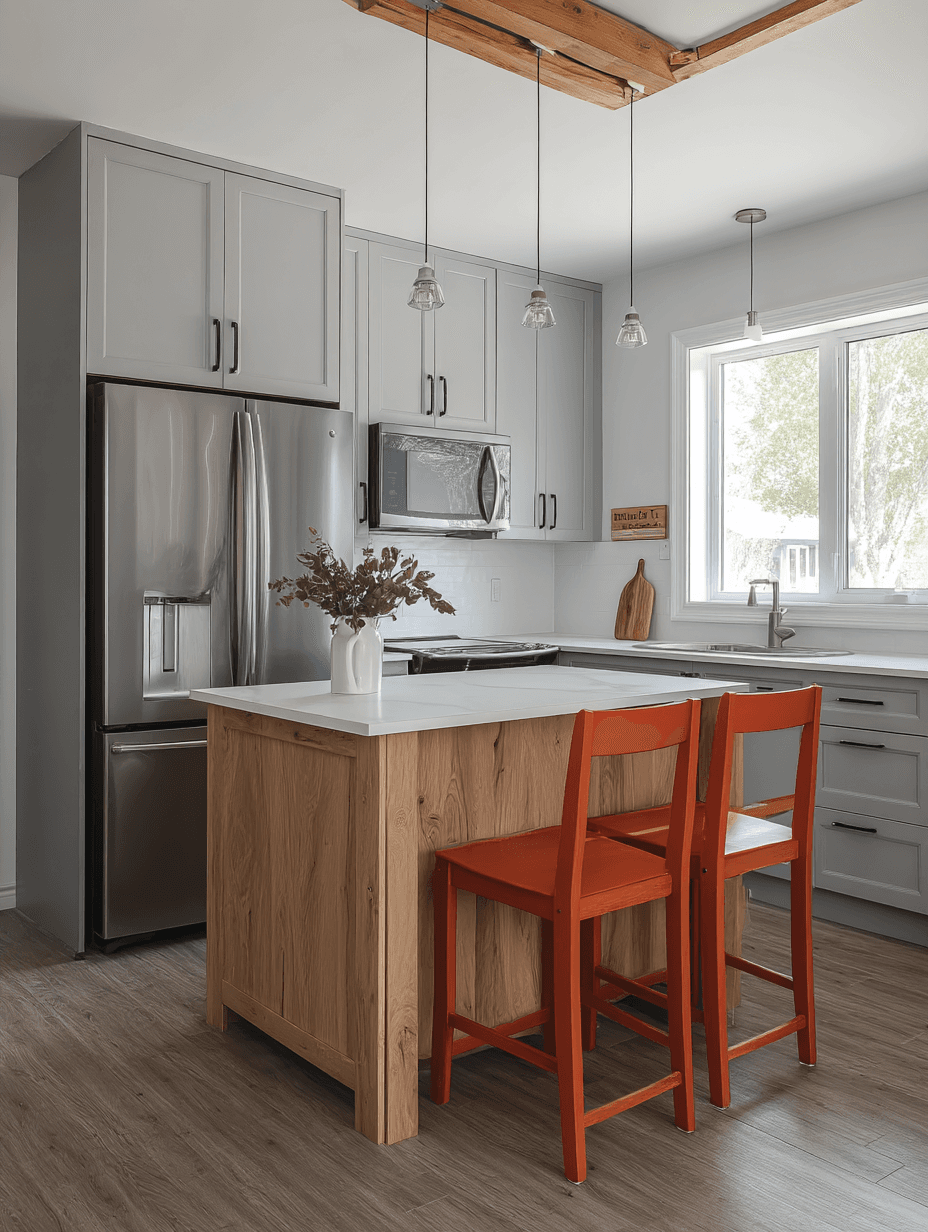 Bright modern kitchen with wooden island, gray cabinets, white countertop, stainless steel appliances, red chairs, exposed beams and pendant lights