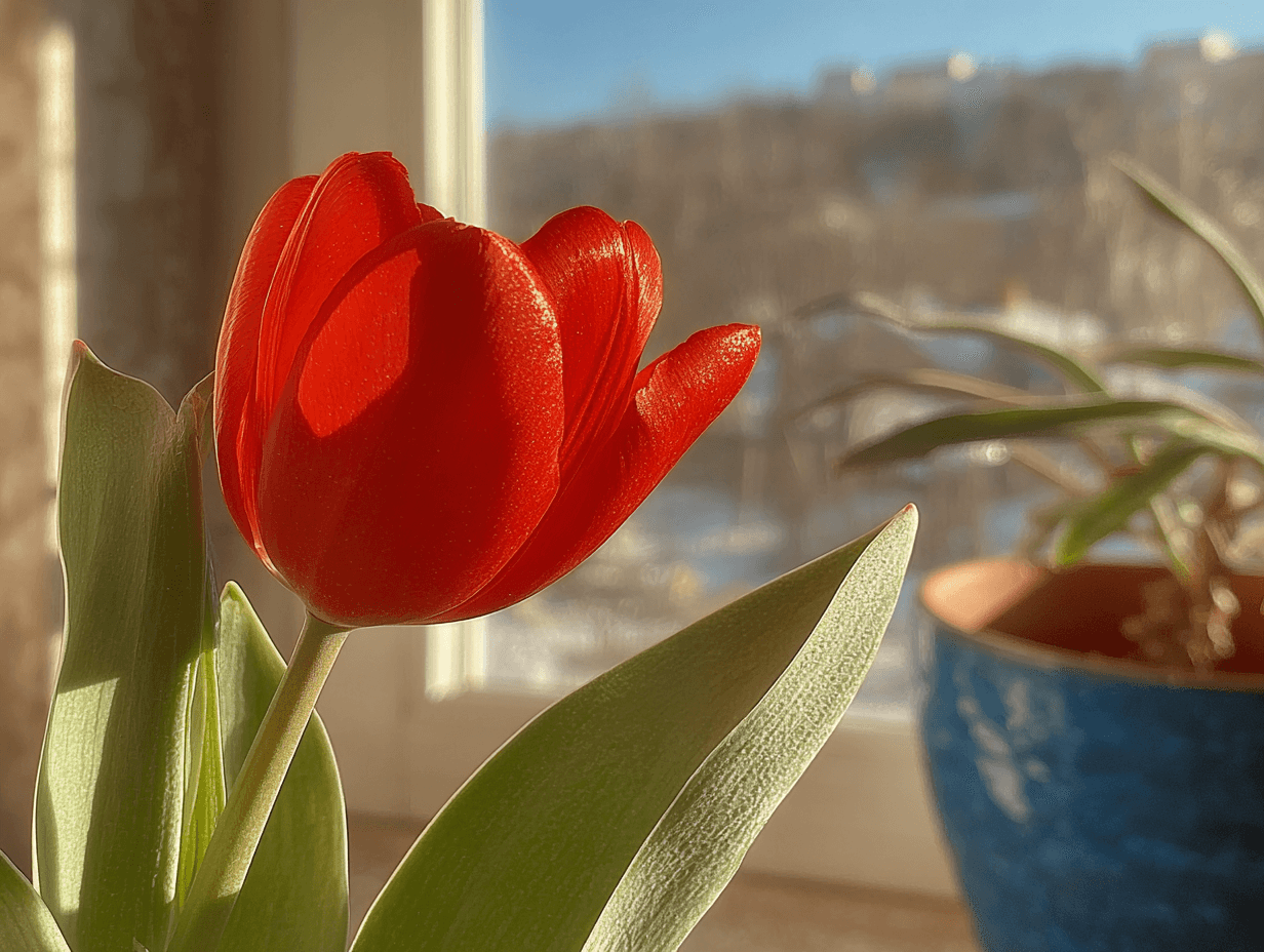 Close-up of a red tulip lit by sunlight in front of a window, with a blurred plant pot in the background