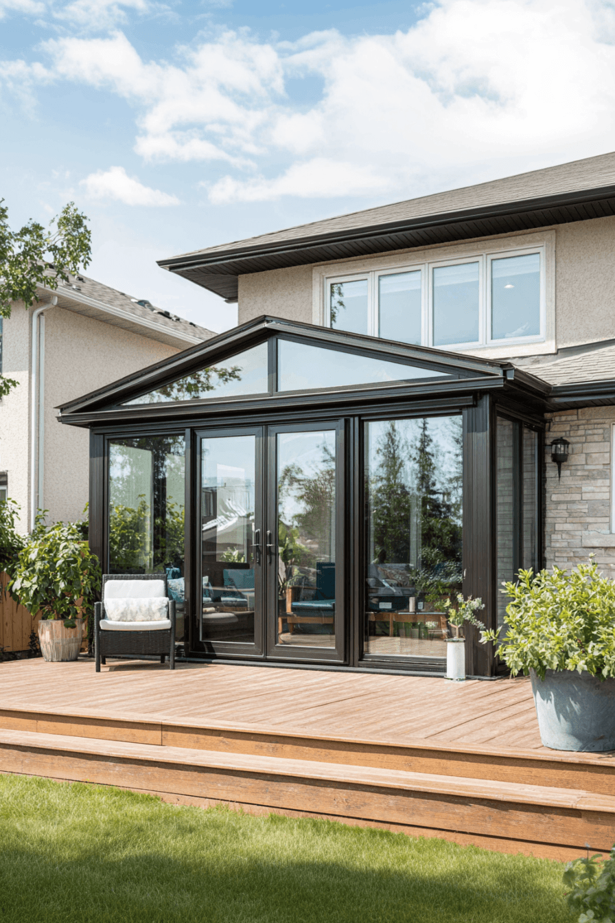 Modern sunroom with large glass doors opening onto a wooden deck with plants and outdoor furniture.