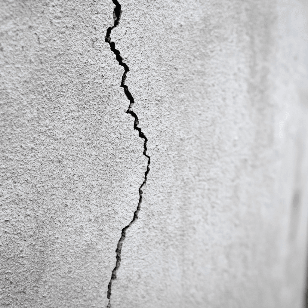 Vertical crack on a gray concrete exterior wall with rough texture