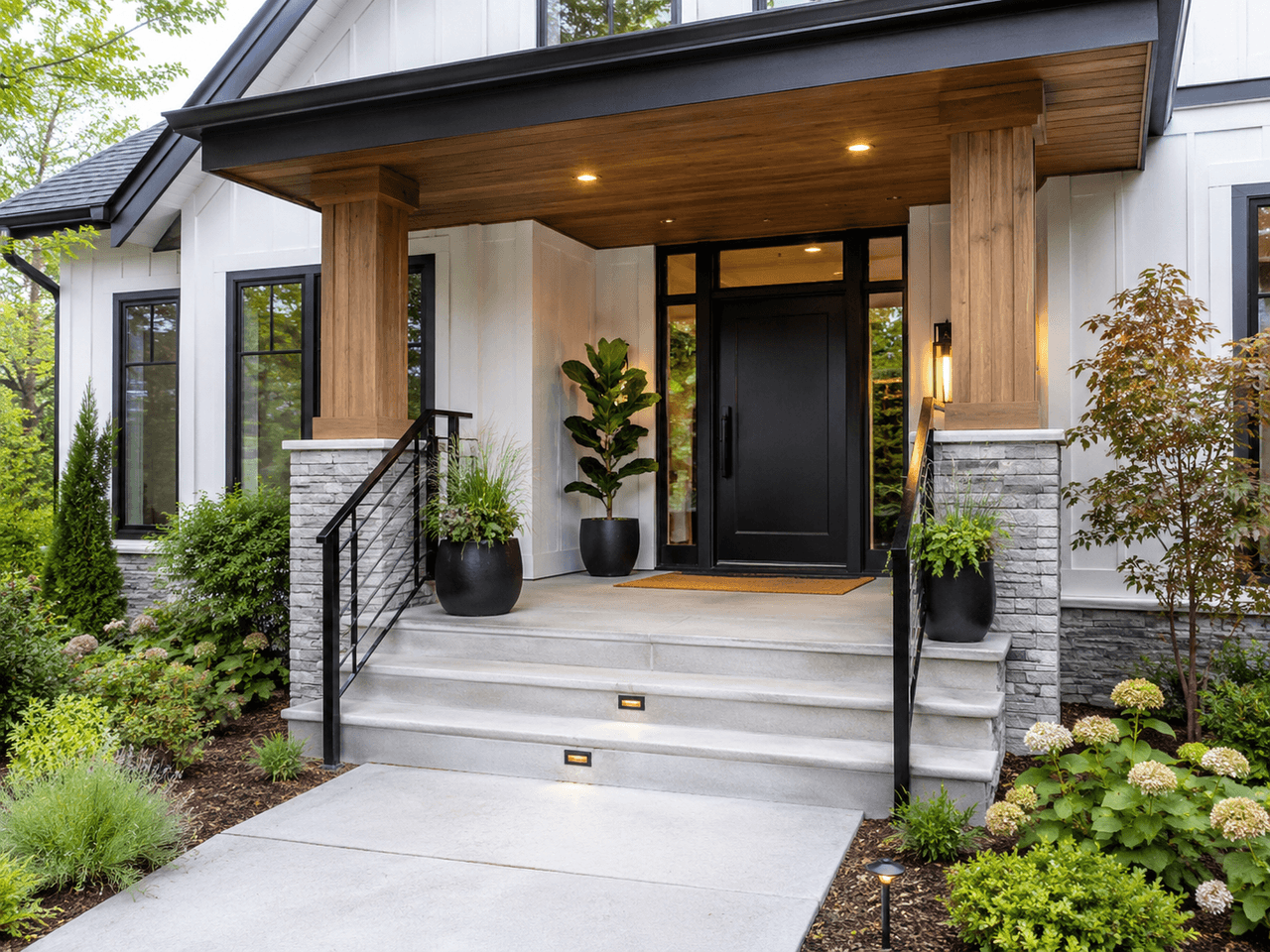 Contemporary home entrance with a covered wood porch, black glazed door, grey stone columns, illuminated steps, and manicured landscaping