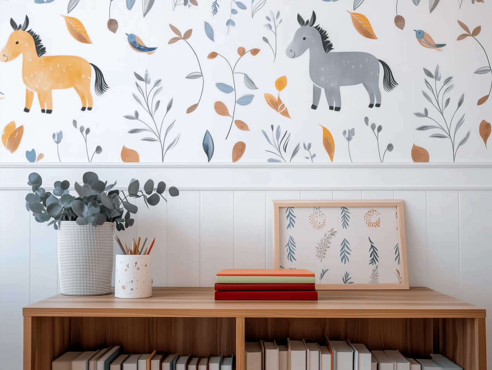 Decorative children's space with colorful wallpaper with horse and bird motifs, wooden desk and playful accessories.