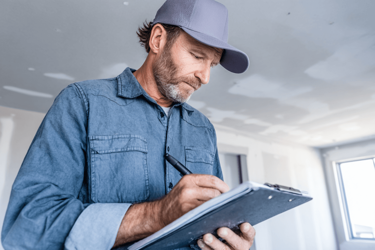 Building inspector taking notes on an interior construction site with drywall ceiling and bright window