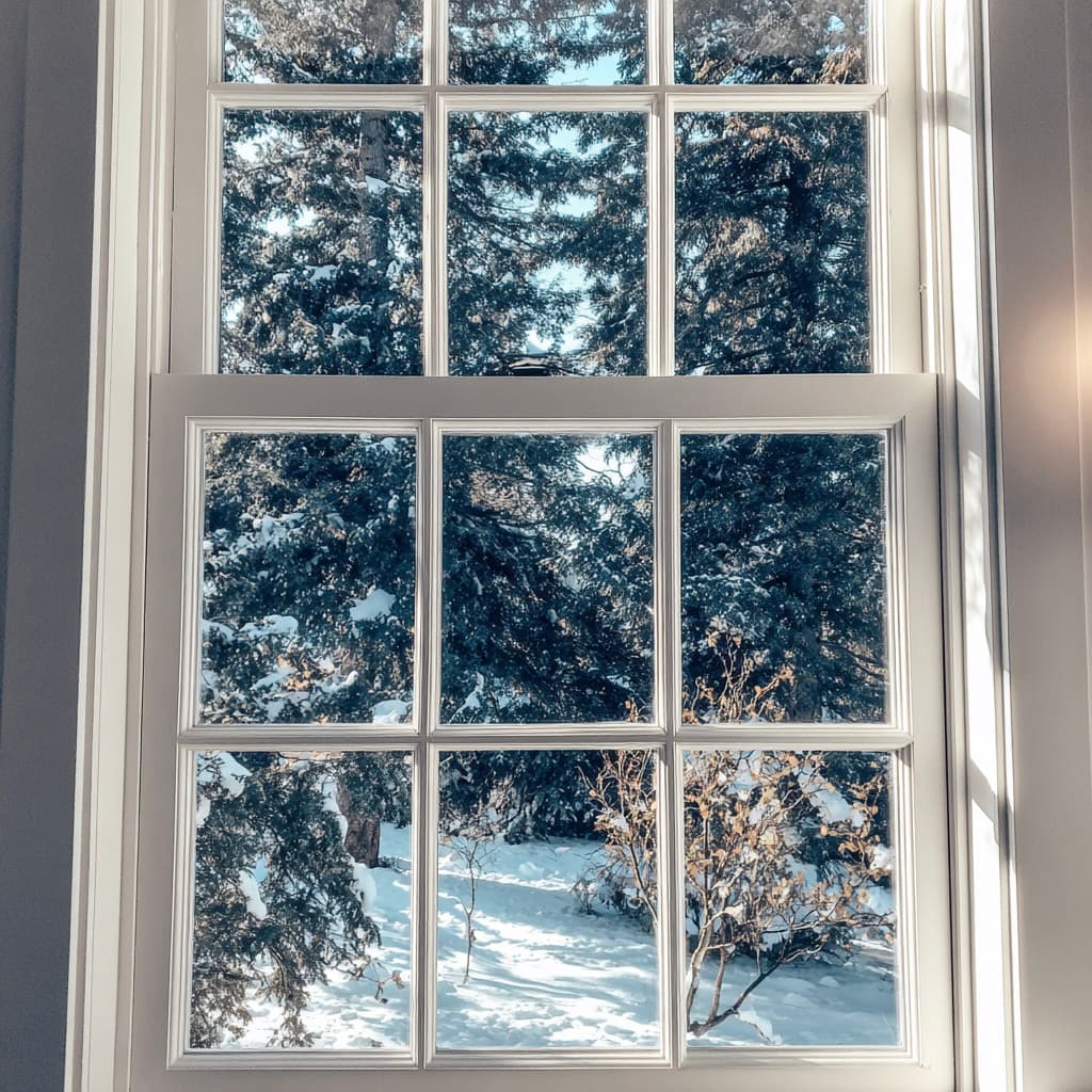 White grid window overlooking a snowy winter landscape with mature trees