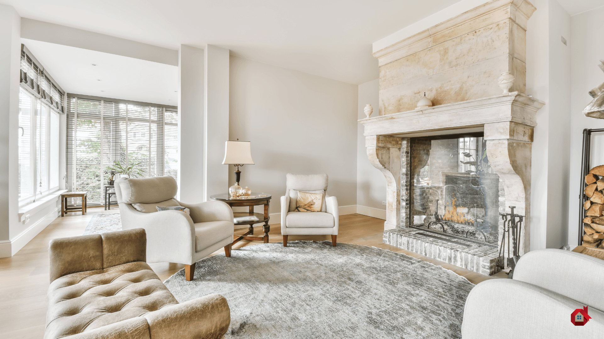 Modern living room with natural stone fireplace and comfortable furniture, ideal for relaxing.