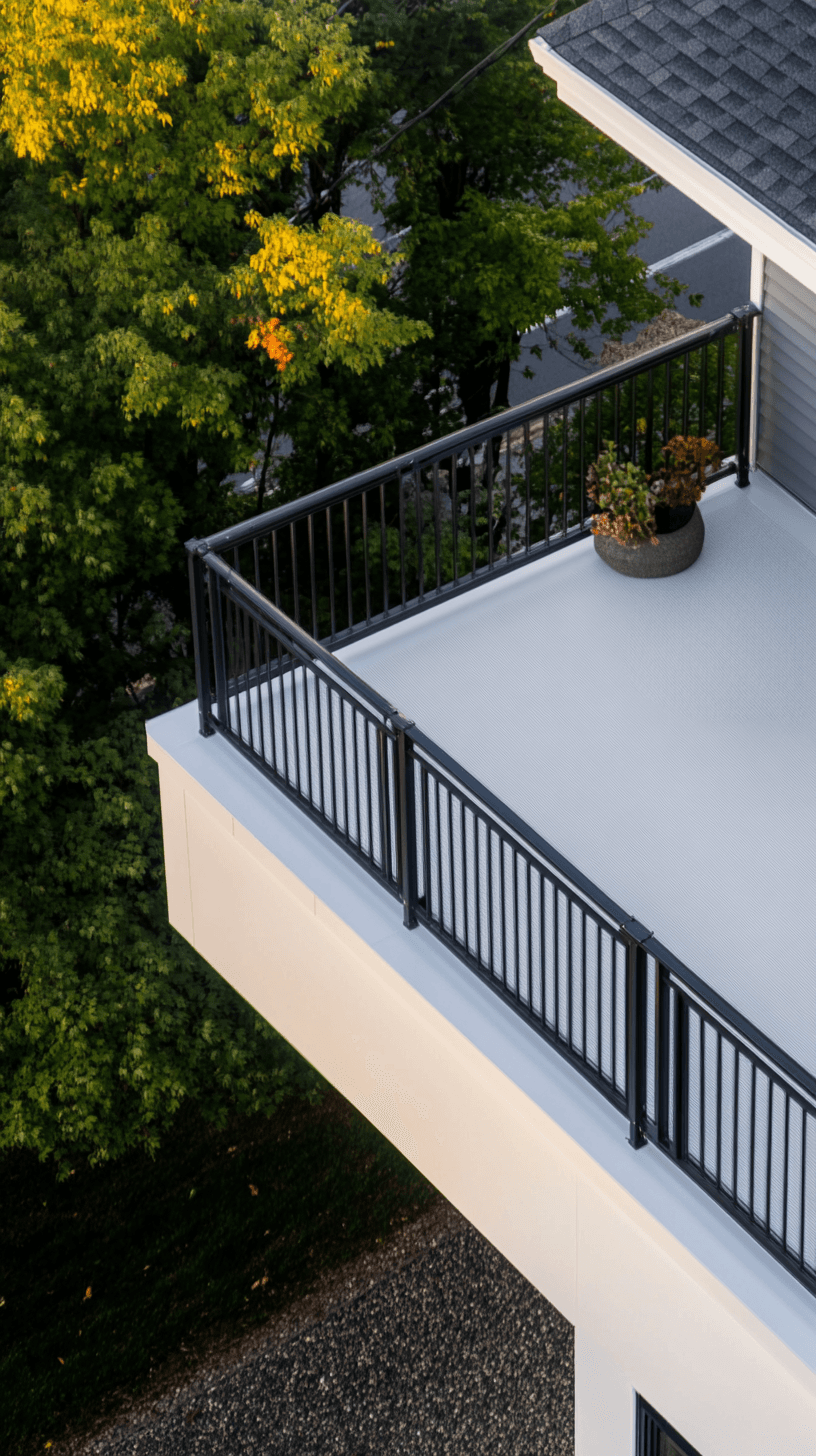 Modern elevated terrace with black aluminum railing, gray flooring and view of mature trees in a residential setting
