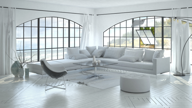 Large and arched windows in a white living room