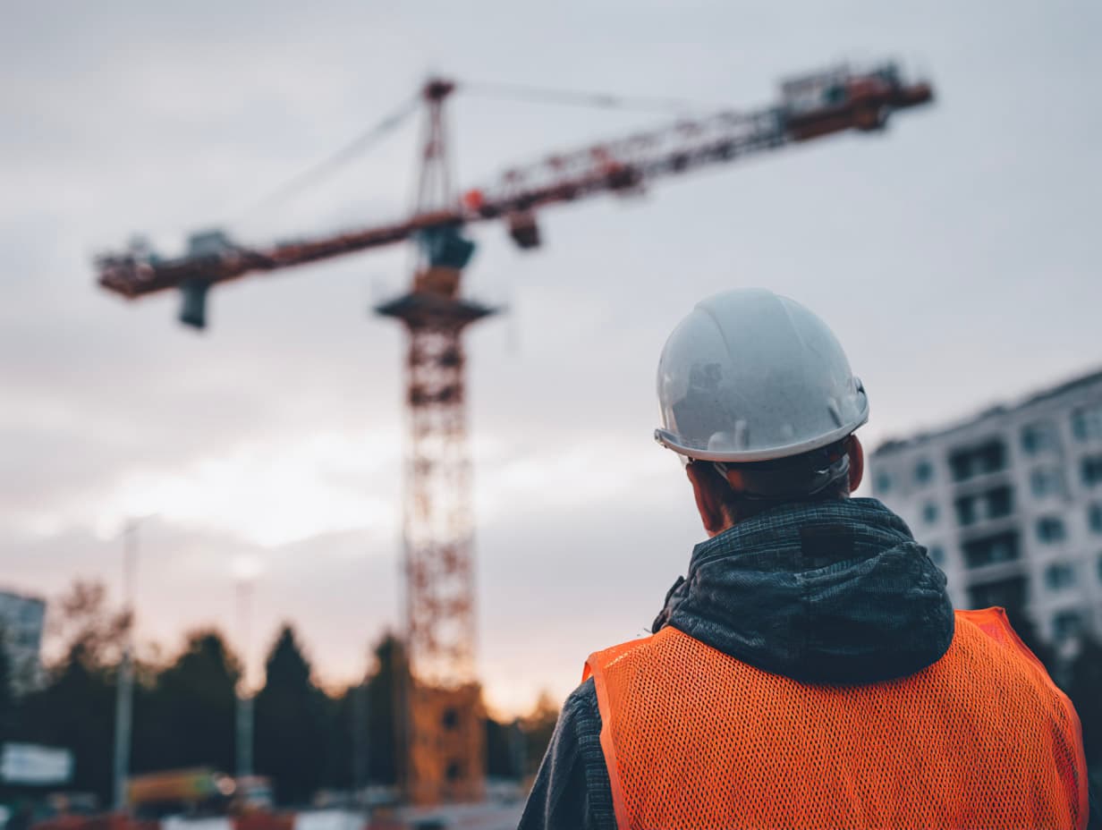 Construction worker wearing a white hard hat and orange safety vest looking at a tower crane on an urban building site at sunset.