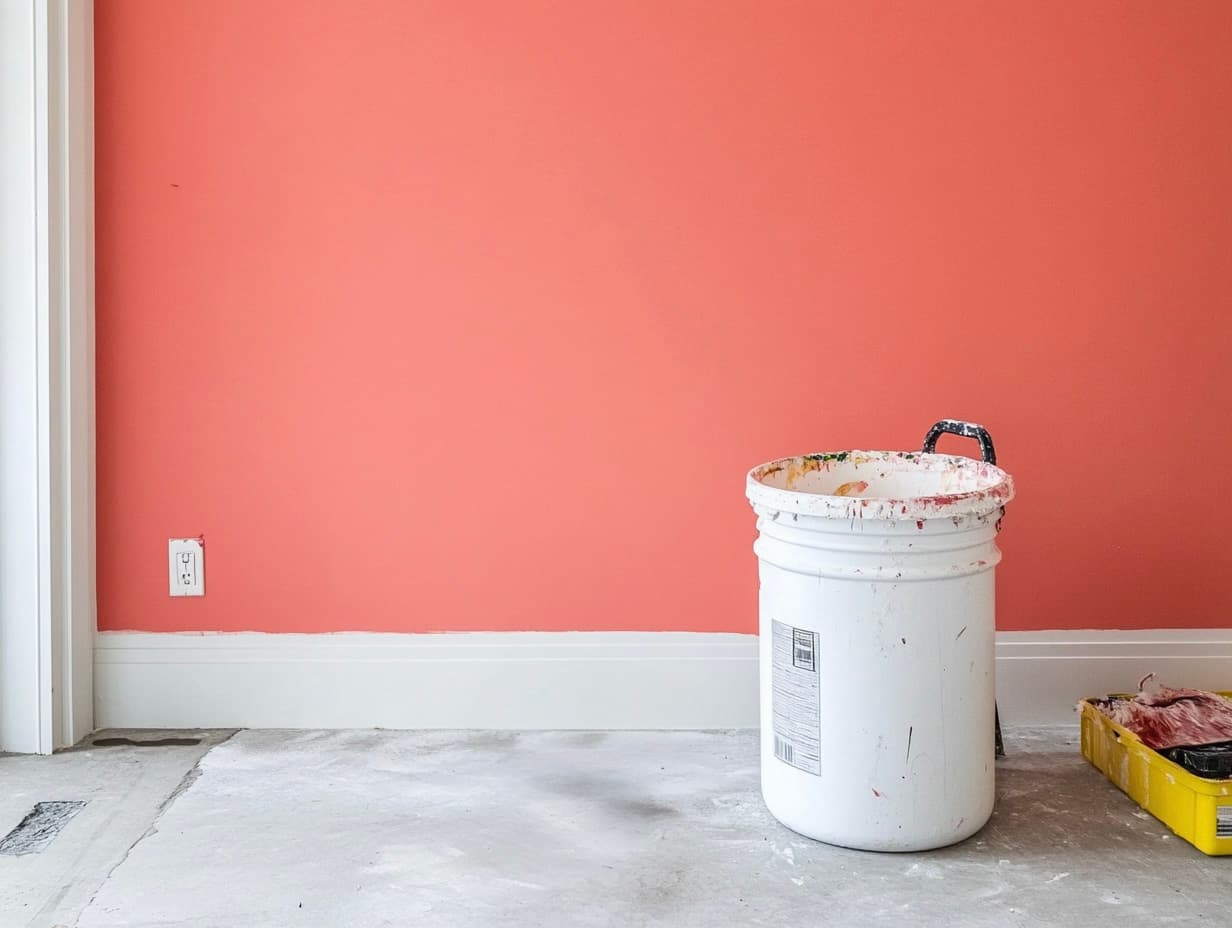 Freshly painted coral wall with a white baseboard, paint bucket, and renovation tools on the floor.