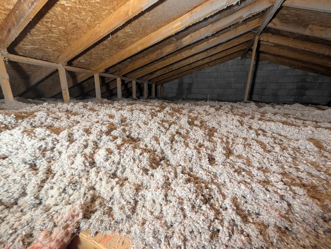 Residential attic with exposed wood framing, loose blown-in insulation, and concrete block wall.