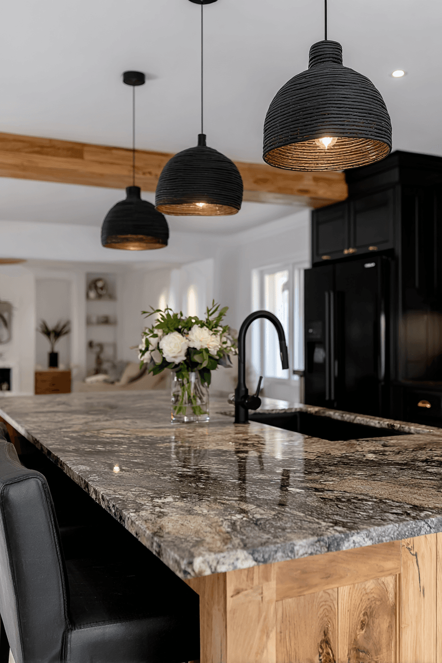 Modern kitchen with natural stone island, black pendant lights, black cabinets, black faucet, and warm wood accents