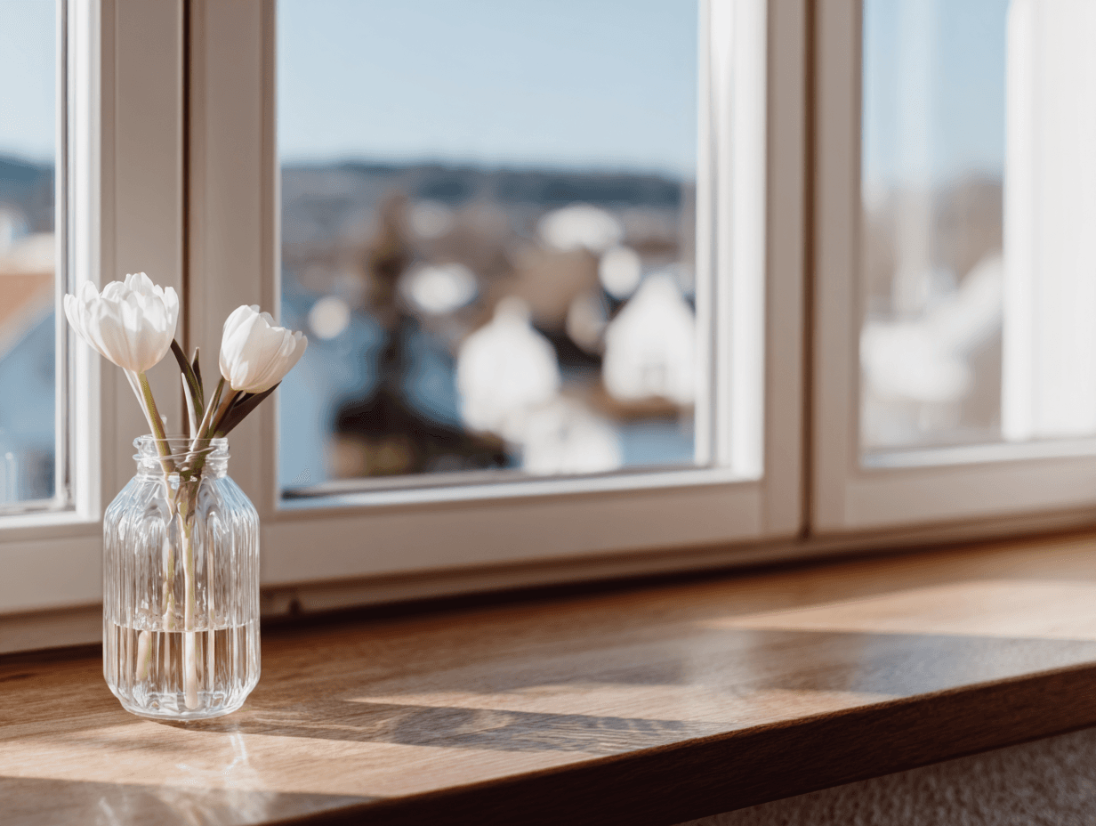 Glass vase with white tulips on wooden windowsill with blurred outdoor view and natural light